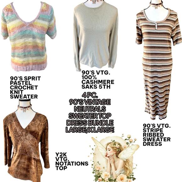Y2K VTG. 4 PC. 90'S NEUTRALS STRIPES DRESS SWEATER TOP BUNDLE LARGE/XLARGE - Picture 1 of 6